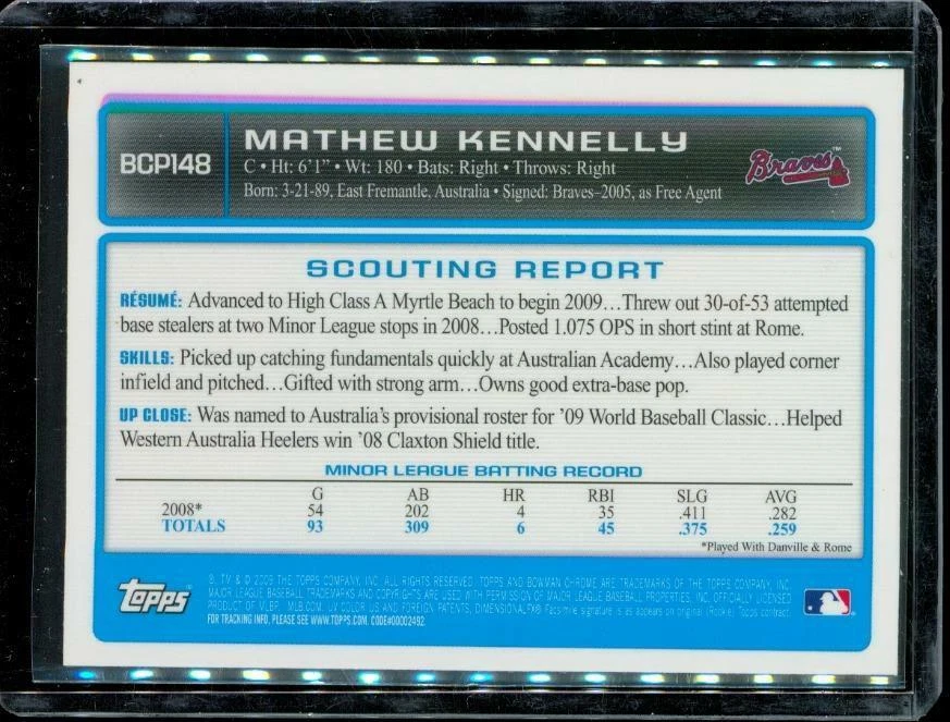 2009 Baseball Card Bowman Chrome Prospect BCP148 MATHEW KENNELLY Atlanta Braves - Image 2 of 2