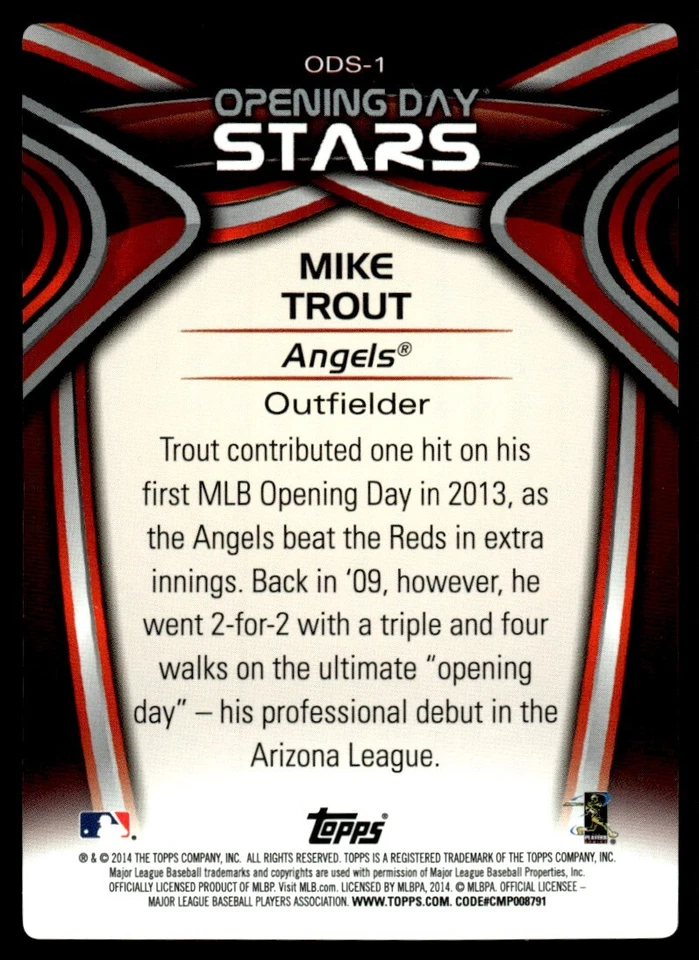 2014 Topps Opening Day Stars Mike Trout Los Angeles Angels #ODS-1 - Image 2 of 2