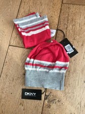 dkny cotton rich knitted beanie hat and scarf pink silver cream size 46 cm bnwt
