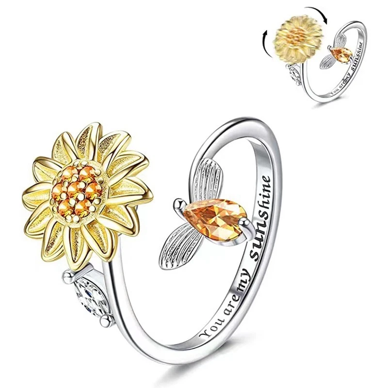 Damen Ring Sonnenblume Biene drehbar 925 Silber versilbert verstellbar Zirkonia - Bild 2 von 4