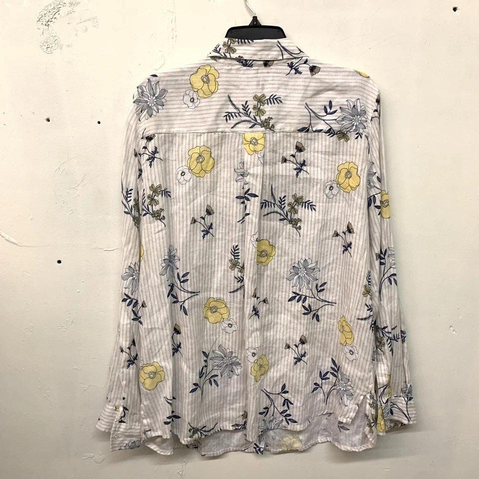 Blusa Charter Club Top XL Lino Multicolor Floral Rayas Artística Cuello Abotonado Foto 2 de 4