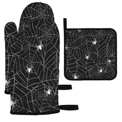 Spiderwebs Oven Mitts and Pot Holders Sets of 3 Halloween Black and White Gru...