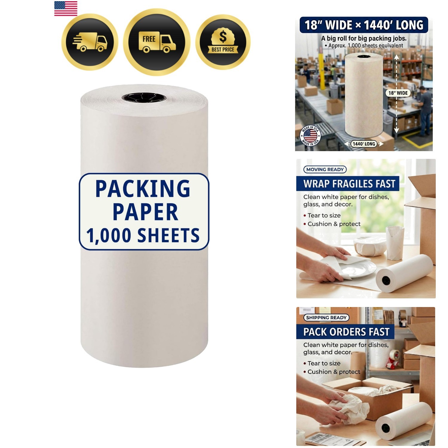 Packing Paper Roll 1440'L x 18"W - 1,000 Sheets 17” Long Equivalent - Large W...