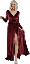 Women's Velvet Bridesmaid Dresses Long Sleeve V Neck Wrap Formal Evening Gowns