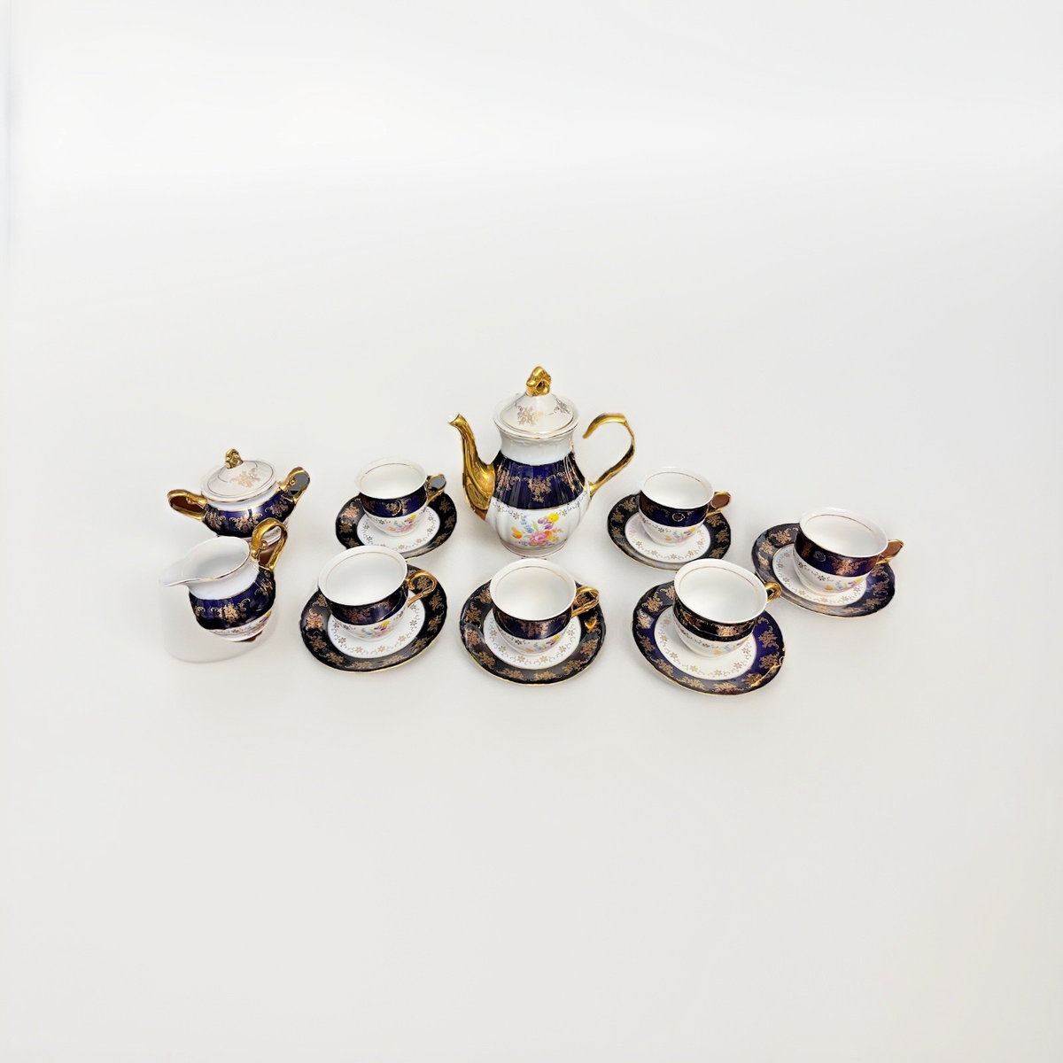 【希少】Thun チェコ製 24K金彩 コバルトブルー 7点セット 茶器セット付 Thun Czech Republic Porcelan Original Kobalt Blue 17 Piece Tea