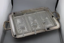 Leonard Silverplated Footed Relish Serving Tray 3 glass liners & Forks Appetizer