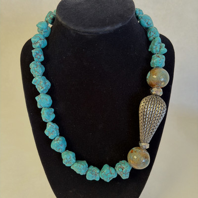 Necklace Turquoise Chunky Nugget Vintage w/Perforated Metal Bead 19.5''  94 g