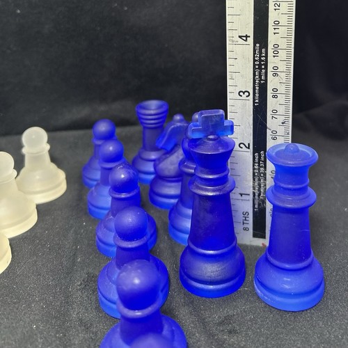Chess Set Pieces In Frosted Glass Clear & Blue (no board) - Picture 4 of 4