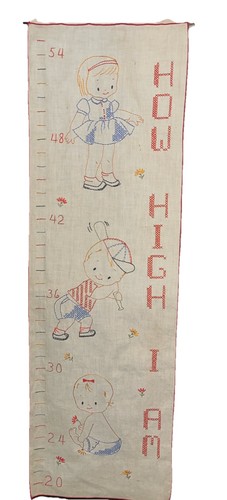 Vintage Cross Stitch Fabric Growth Chart  HOW HIGH I AM Embroidered Tape Measure