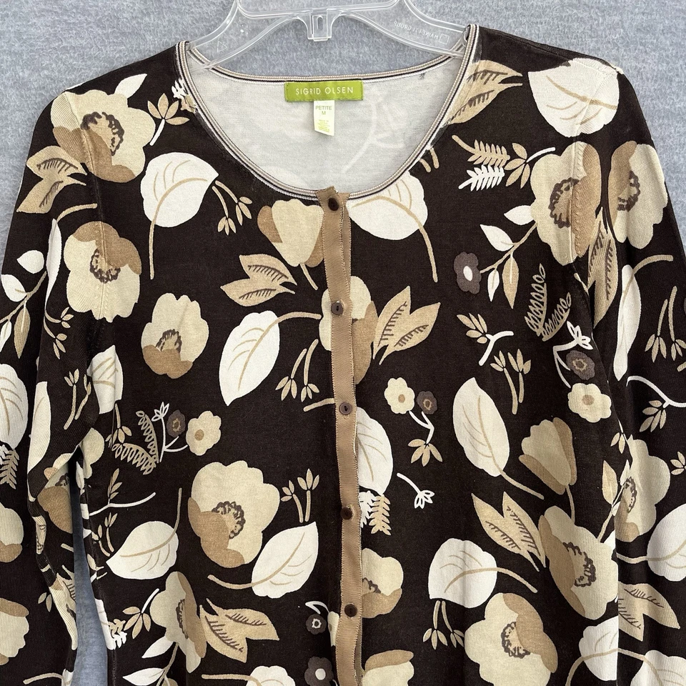 Sigrid Olsen Brown Floral Cardigan Size M Petite Fall Flowers Career Silk Blend - Image 2 of 4