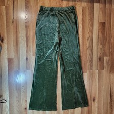 Velour Flare Leg Pants Sz Lg Olive Slit Cuff Stripe Disco 60's 70's Boho Hippie