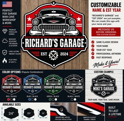 Personalized Porcelain Enamel Garage Sign Custom Name EST Year Vintage Auto Man