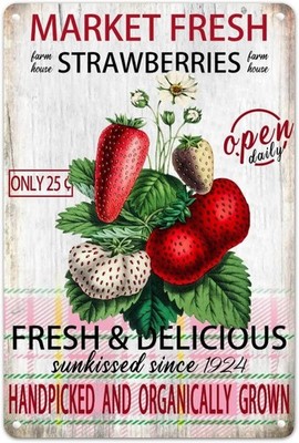 Fruit Market Strawberry Metal Tin Sign Watercolor Wall Art 12x8in