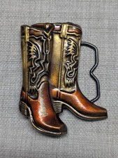 vintage USA made 1970s belt buckle COWBOY BOOTS brass WESTERN enamel MBCI