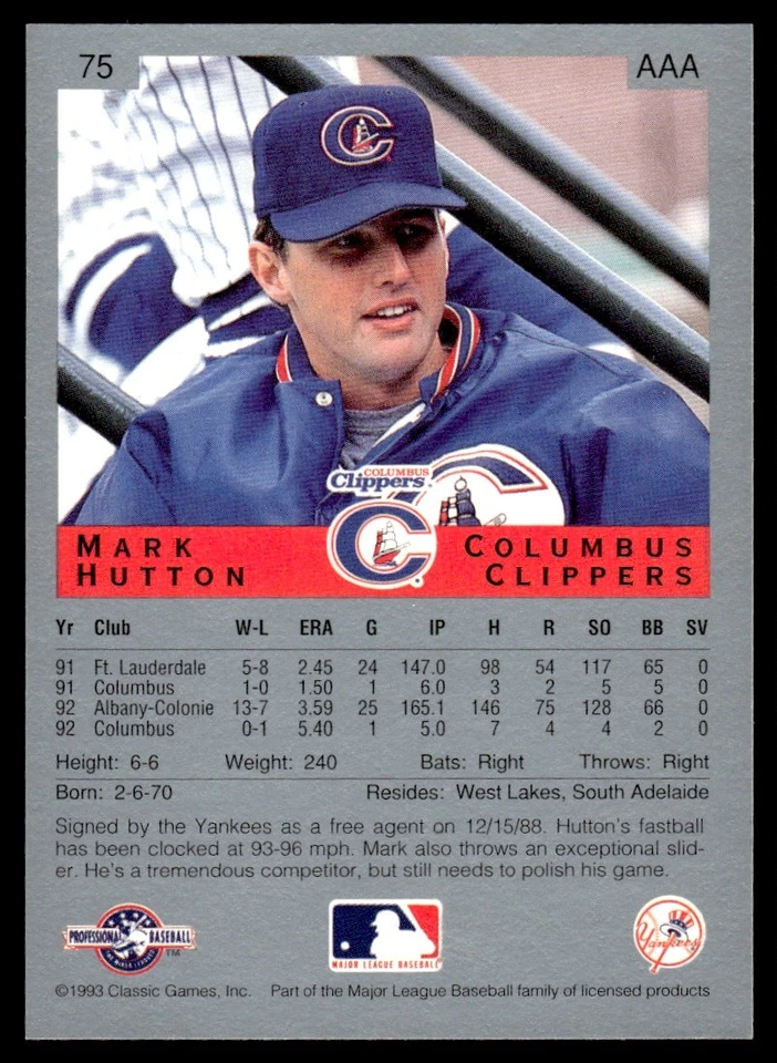 1993 Classic Best Mark Hutton Columbus Clippers #75 - Image 2 of 2