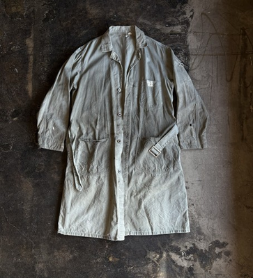 #ad Vintage 1950#x27;s Mechanics Shop Coat Chore Work Long Trench Jacket Sears Belted 42 $59.95