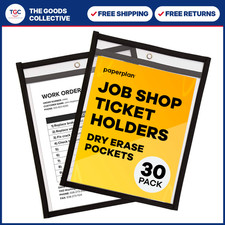 30 Pack Job Ticket Holders 9x12 - Clear Dry Erase Pockets, Reusable, Water-Resis