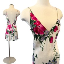 90s Victoria  s Secret 100 Silk White Fuchsia Floral Vintage Chemise Slip Dress