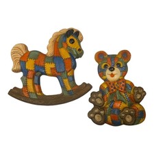Vintage Patchwork Teddy Bear And Rocking Horse Foam Nursery Decor Hangings