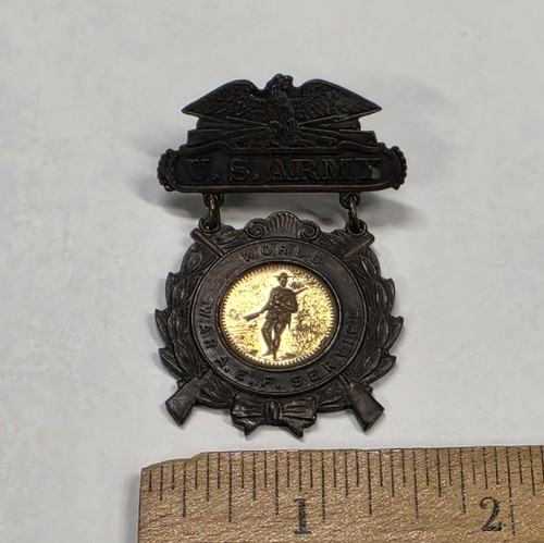 Antique WWI US ARMY AEF Service Medal Schwaabs Pin Back Stamped Lords Prayer