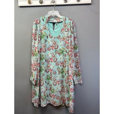 Tacera Dress Womens XL Mint Green Floral Tropical Choker Neck Cutout Shift 8326