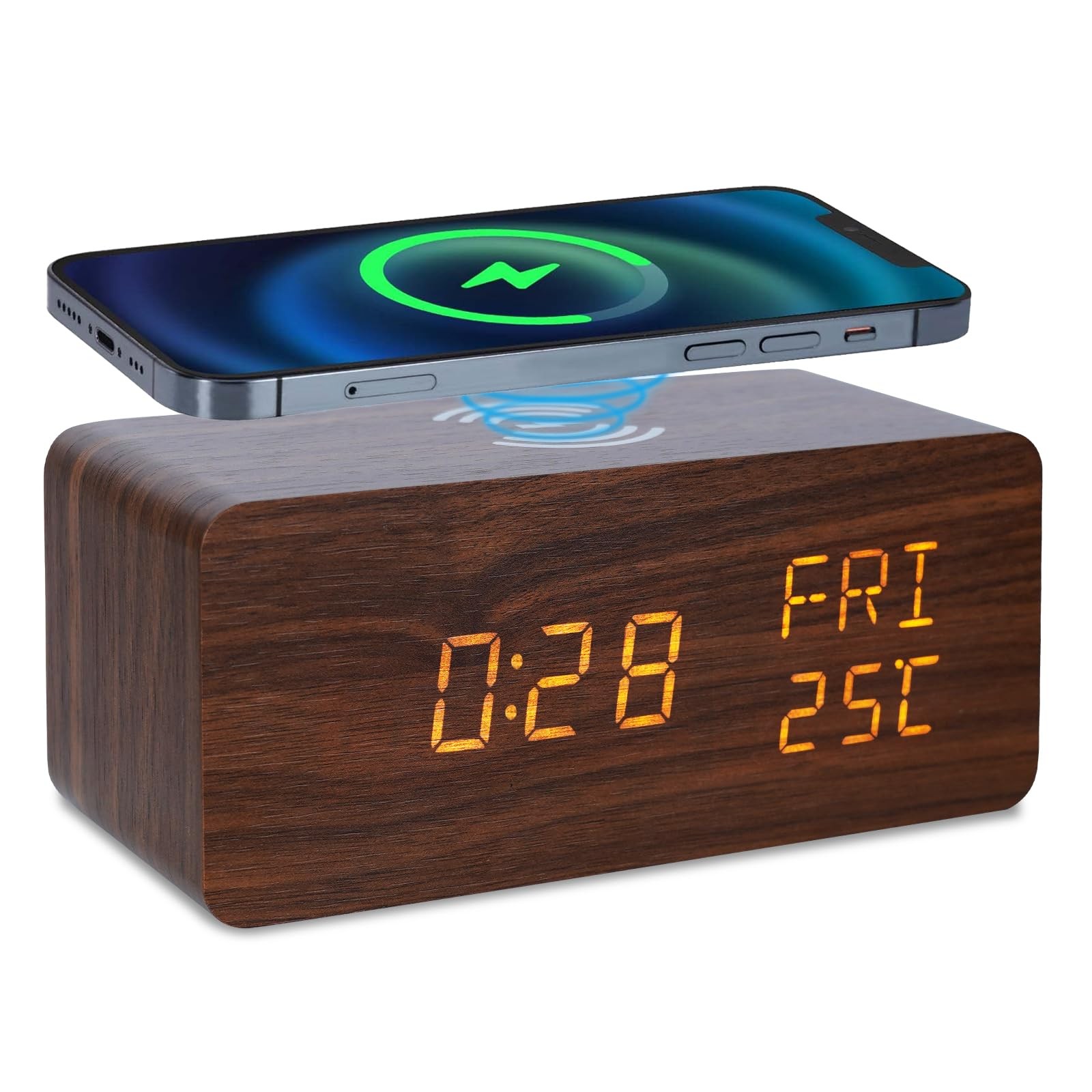 Digital Wooden Alarm Clock with 10W Fast Wireless Charging & 3 Brightness Levels