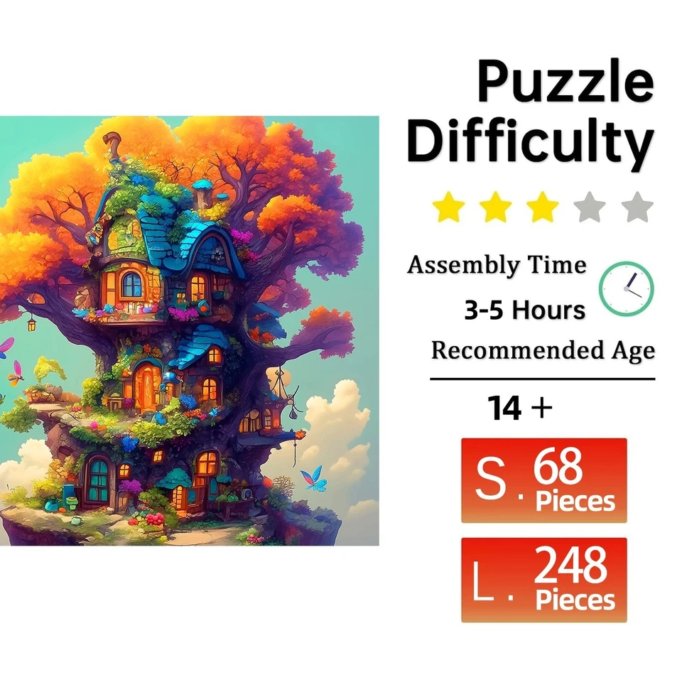 Quebra-cabeça de madeira colorido para casa na árvore para adultos | Forma exclusiva arte quebra-cabeça presente - Imagem 3 de 4