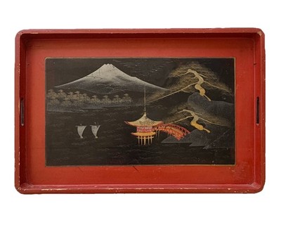 Vintage Japanese Lacquer Tray Mt Fuji Scene Red Black Serving Tray Art