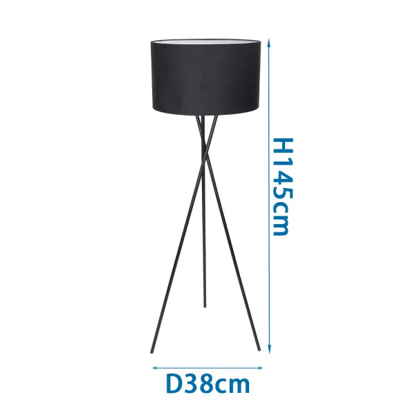 Aigostar Lampada da Terra Treppiede Metallo E27 Paralume Tessuto Nero H145cm IP2 foto 2
