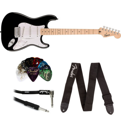 Squier Sonic Stratocaster Electric Guita Black, Maple Fingerboard Bundle