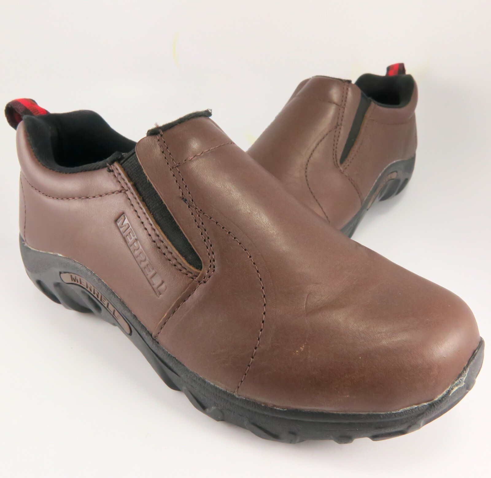 NUOVO ~ Mocassino slip on Merrell Jungle Mocs ragazzo ragazza bambino taglia 5 5 M in pelle marrone