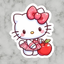 Kitty Cat, Apple Fruit Cute Fun Pink Adorable Hello Glossy Vinyl sticker, Decal