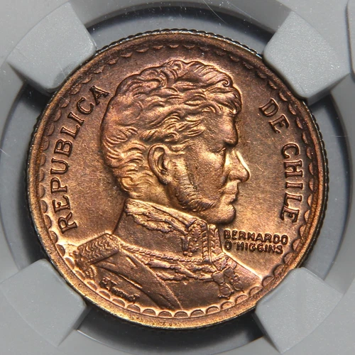 1953 Long Top 5 Chile 1 Peso NGC MS64 RD Top Pop!! 1/0 Rare Variety
