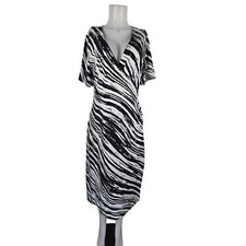 Soft Surroundings Black White Stripped Faux Wrap Ruched Side Women's Dress TL