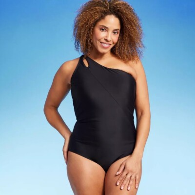 Lands' End 3X 24W/26W Black 1 Shoulder Tummy Control Full Coverage 1 Pc Swimsuit