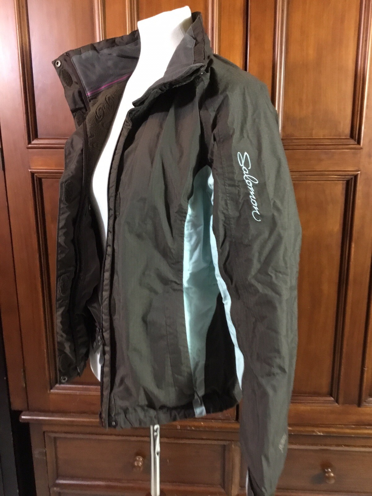 Salomon giacca da donna taglia SM aderente marrone e blu fodera in pile in ottime condizioni senza cappuccio