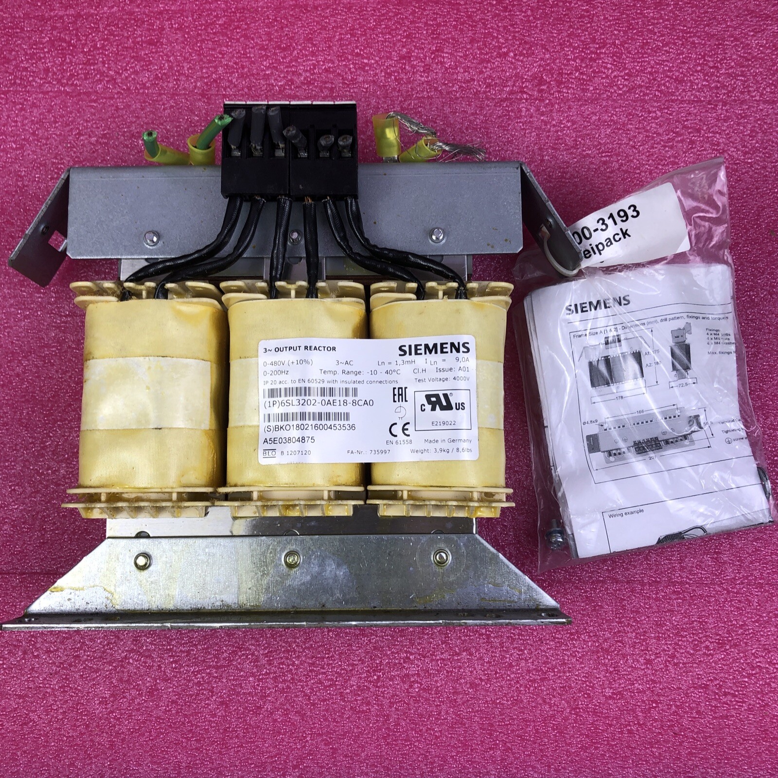 Siemens Sinamics 6SL3202-0AE18-8CA0 VFD Output Reactor 3Ph 9A, 0-480V, 0-200Hz