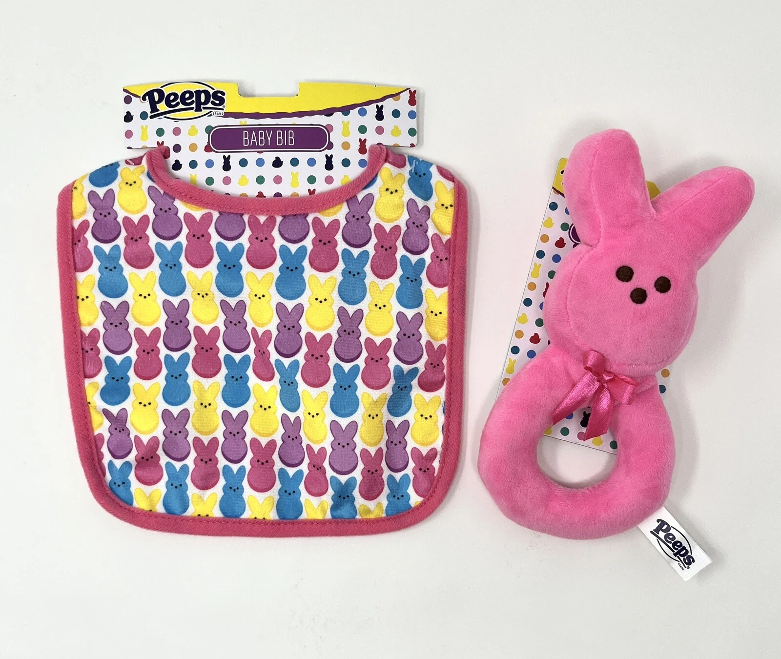 PEEPS BABY PINK BUNNY RATTLE + PEEPS BABY BIB- SET OF 2- NEW