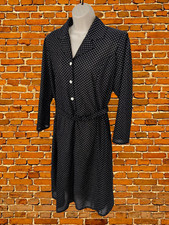 VINTAGE WOMENS SIZE UK 14-16 BLACK MIX POLKA DOT BELTED SHIRT DRESS LONG SLEEVE
