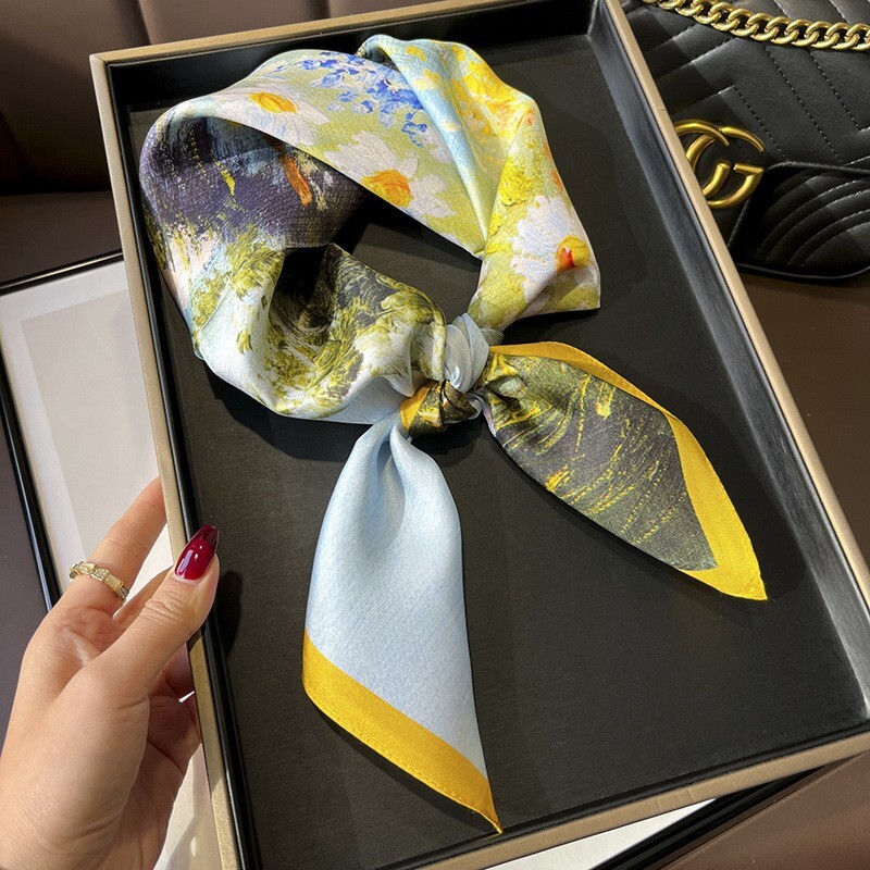 100% Silk 26 Inch Square Scarf for Women Yellow Floral Oil Painting Design Bandana Neckerchief