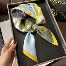 100 Silk 26'' Square Scarf Women Neckerchief Bandana Yellow Flower Oil Paiting