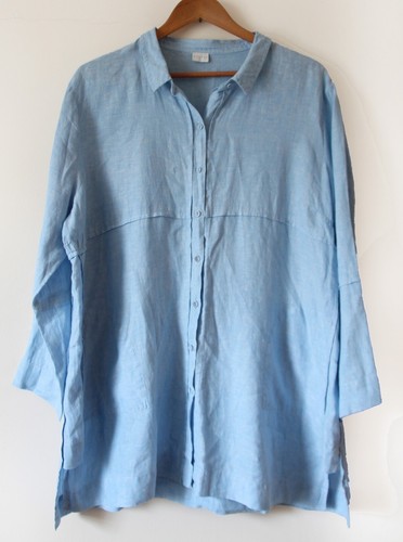 Poetry Blue 100% Linen Oversized Side Pocket Shirt Blouse XL 52" Bust Flawless - Picture 5 of 5