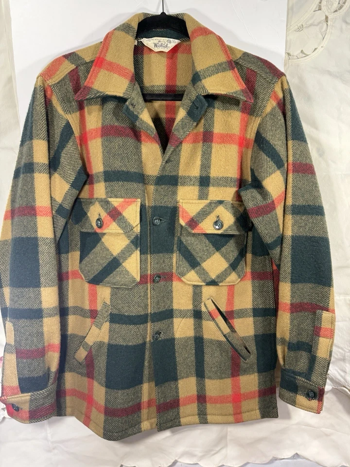 Woolrich Mackinaw Plaid Wool Coat 38 Tan Green Red 60-70s Vintage Workwear READ - Image 2 of 4