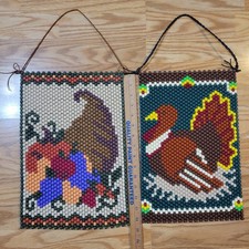 Two 2 Handmade Beaded Wall Hanging Thanksgiving Cornucopia Turkey