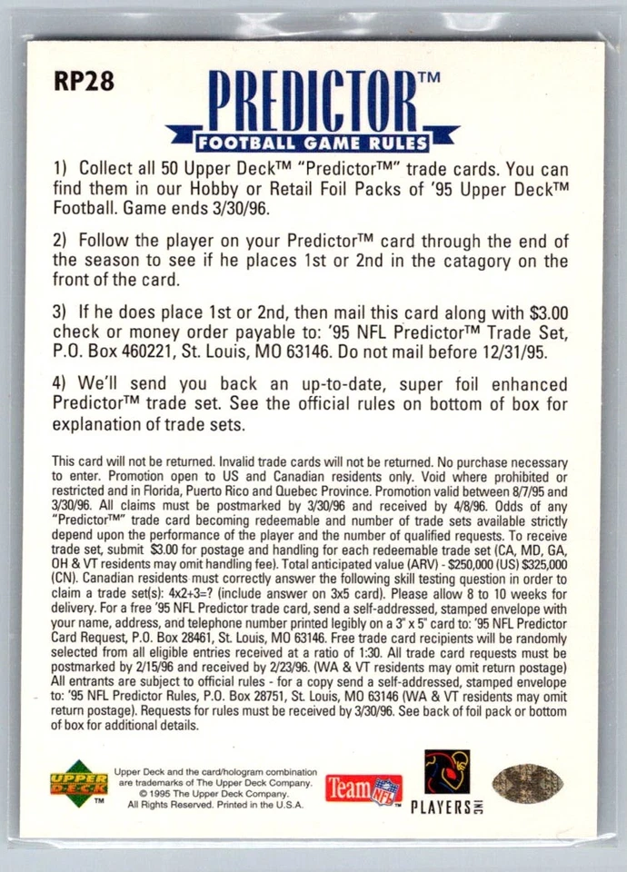 1995 Upper Deck Predictors League Leaders  Irving Fryar RP28 - Image 2 of 2