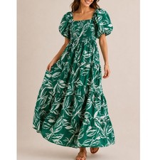Meadow Rhodes Anthropologie Tropical Cotton Maxi Dress Puff Sleeve L