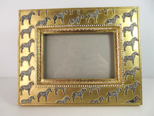 Vintage Wooden Picture Frame Zebras on Gold w/Easel Stand Fits 4 x 6” Frame Only