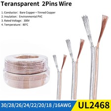 1/5/50M Electrical Wire 2 Pins Transparent Cable 30AWG-16AWG PVC Speakers Audio