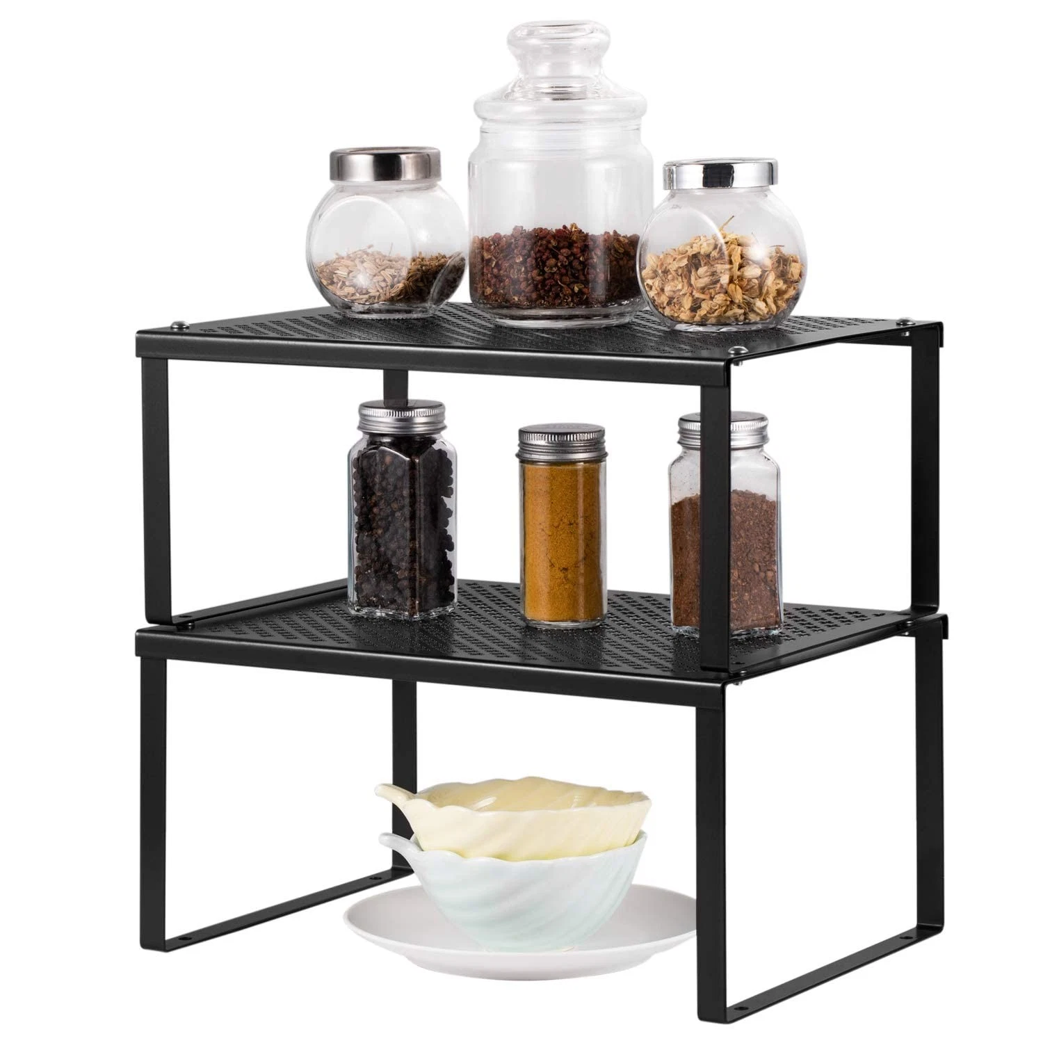 Kitchen Cabinet and Counter Shelf Organizer, Expandable & Stackable, Black