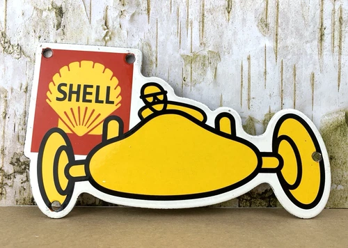 VINTAGE SHELL CAR RACING MOTOR OIL CAN GASOLINE GAS PUMP STATION PORCELAIN SIGN